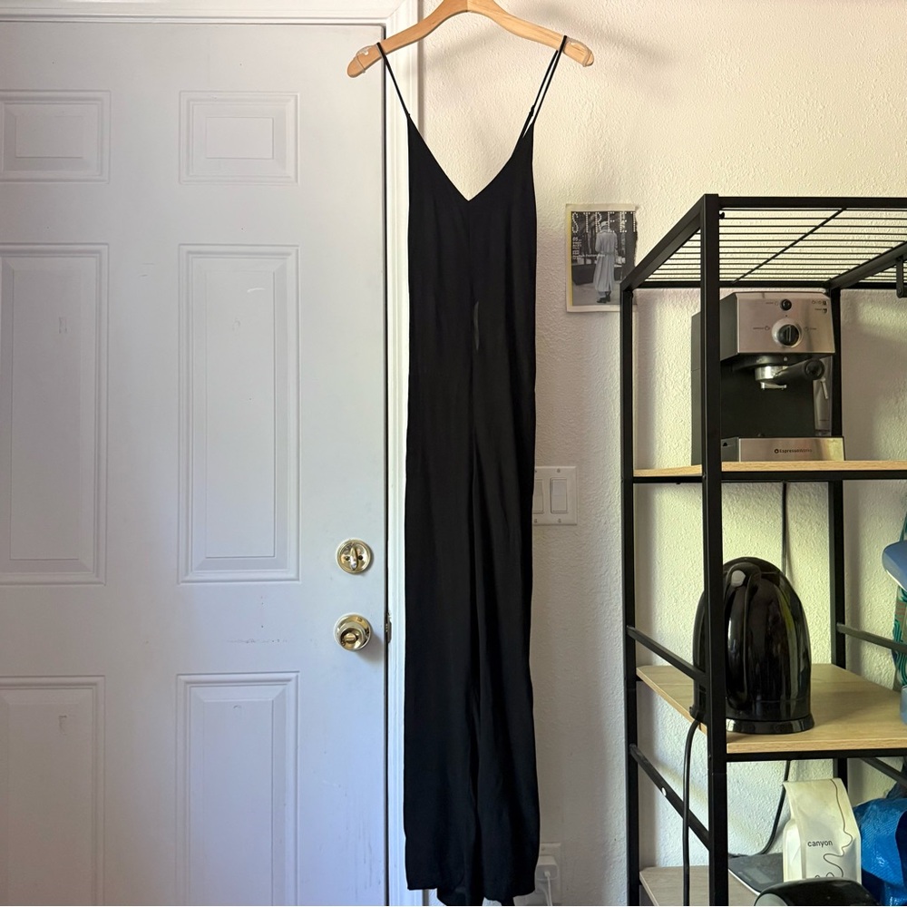 WHIMSY + ROW black recycled rayon criss cross back straight leg jumpsuit